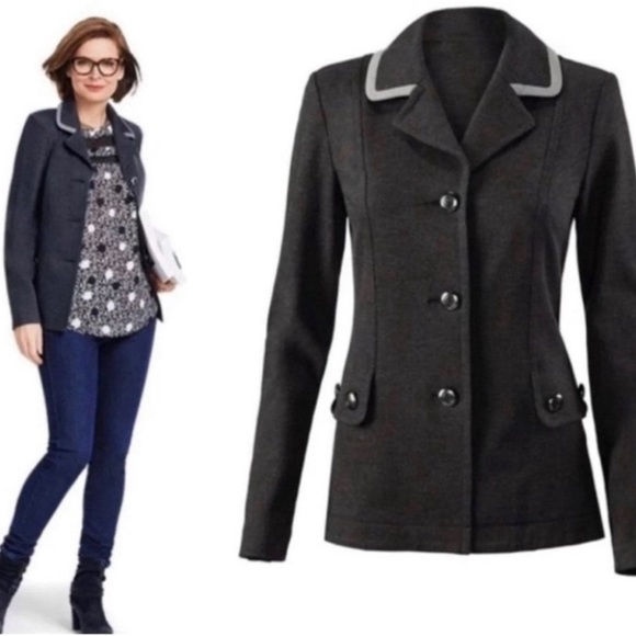 Cabi Charcoal Grey Fitted Ponte Knit Crew Button Detail Blazer Jacket Style 3030 - Picture 1 of 11